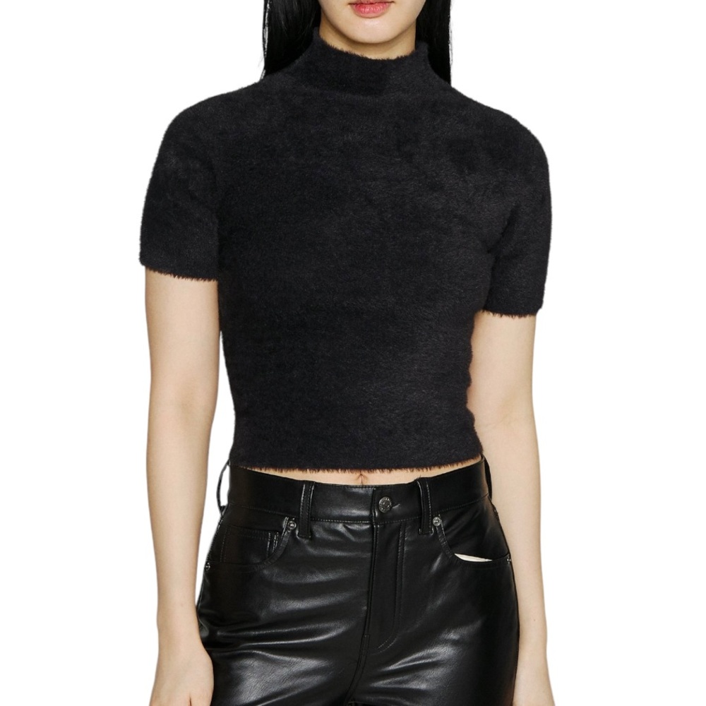 Women’s Aqua Mohair black cropped shortsleeved fuzzy Sweater knit Round neckline